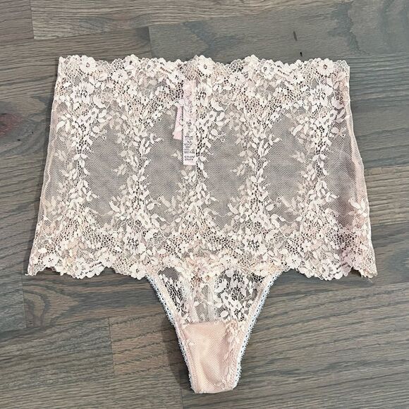 Victorias Secret High-waist Floral Mesh Lace Thong Panty Beige Small - Picture 3 of 4
